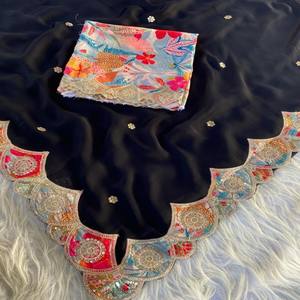 Sari VASTRA COTTAGE de Georgette Satinado Negro Clásico con Bordado de Lentejuelas, Elegante para Fiestas y Eventos Nocturnos - Product Image 3