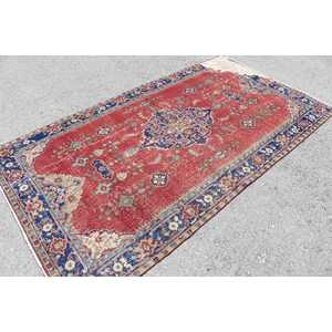 Tapis vintage 4,7x8,5 pieds, tapis turc, tapis persan en laine rouge et bleu - Product Image 2