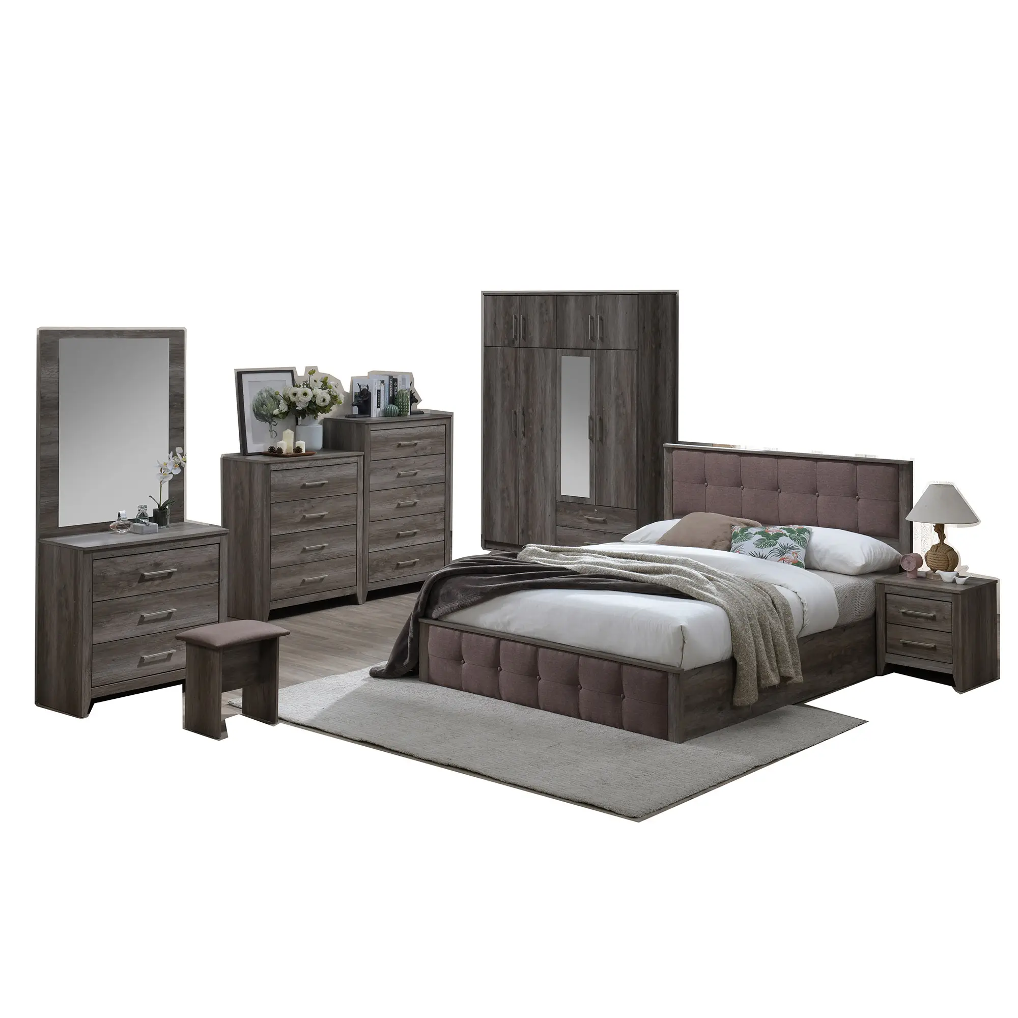High Quality Full Bedroom Set Include Bed + Wardrobe With 7 Doors 2 Drawers + Drawers Chest x2 + Dressing Table + Side Table