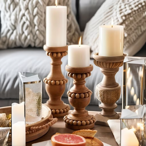 เชิงเทียนไม้ที่มีศิลปะทันสมัยเหมาะสำหรับการตกแต่งบ้านแบบชนบทและการตกแต่งในชีวิตประจำวันทำด้วยมือจากอินเดีย - Product Image 5