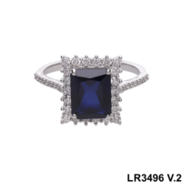 Cincin Halo Safir Biru Mewah Bentuk Persegi Panjang untuk Wanita Desain Halo Ganda Elegan Perak Berlapis 925 Perhiasan Pertunangan dan Pesta