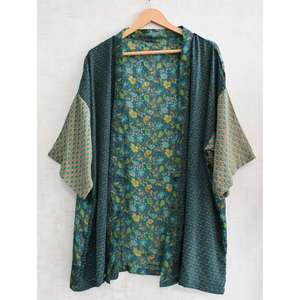 Plus Size Breathable Boho <b>Lounge</b> Kimono Robe Handmade Indian Floral Printed Silk V-neck Patchwork Knee Length - Product Image 1