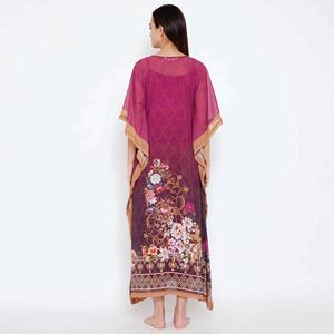 Poliéster Georgette V-Neckline con detalle de ribete con mangas cortas extendidas Ombre Floral Georgette Kaftan con deslizamiento - Product Image 5