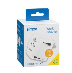 Adattatore da viaggio universale Simon 65W con 2 porte USB-C + USB-A, bianco (CL410102) - Product Image 1