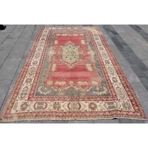 พรมตุรกีแบบดั้งเดิมสีแดงสีเบจ5.7X9.5ฟุตพื้นที่ขนาดใหญ่ผ้าขนสัตว์ขนสัตว์นามธรรมลวดลายน้ำยางหนา10มม. สำหรับห้องโถงห้อง - Product Image 1