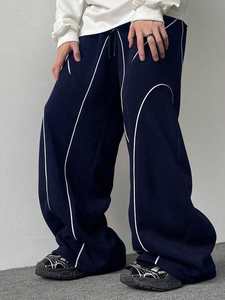 <b>Navy</b> Wide Leg <b>Men's</b> Sweatpants 100% Cotton Mid Drawstring Heavyweight Vintage Streetwear <b>Jogger</b> Trousers White Piping Stitch - Product Image 4