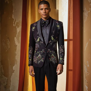 Conjunto de esmoquin de novio ajustado con doble ventilación para hombre de alta calidad Color personalizado Mezcla de seda bordada a mano 2 piezas de talla grande - Product Image 1