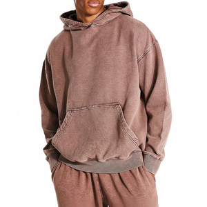 Hoodie en coton tricoté coupe classique, léger, uni, en molleton bouclette de haute qualité 480G, effet vieilli et délavé à l'acide - Product Image 1