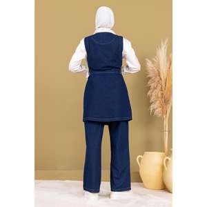 Conjunto de mezclilla azul oscuro Inci 19245 para mujer, conjunto casual de dos piezas acampanado, tallas XS-XXS, largo midi hasta la rodilla, combo de verano, jeans dobles con detalles. - Product Image 4