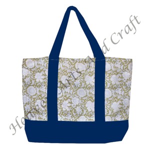 Sac fourre-tout en tissu imprimé à la main avec poignée bleue en provenance d'Inde, motif floral multi-main avec deux bretelles, vente en gros BHCB082 - Product Image 6