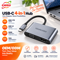 USB-C 4-in-1 Hub Aluminium Alloy Type-C ke /VGA/USB-A/USB-C PD Adaptor Multiport untuk Monitor Laptop