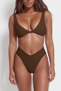 Conjunto de Bikini para mujer, traje de baño de dos piezas con Tanga de pierna alta y cuello de pico liso - Product Image 6
