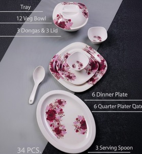 Service de table en mélamine de luxe de 34 pièces, collection florale de roses, vaisselle imprimée, assiettes, bols, cuillères, pots à sucre et à crème - Product Image 4