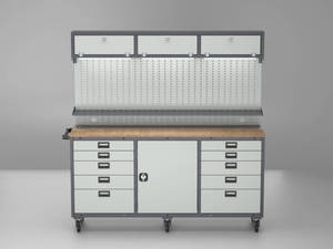 Banc de travail professionnel pour atelier de fabrication avec rangement d'outils, tiroirs et panneau perforé suspendu |   Armoire de garage robuste - Product Image 4