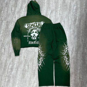 Sudadera con capucha de corte holgado y cremallera inferior de alta calidad, estilo vintage, lavado ácido, 100% algodón polar, y pantalones de chándal con cintura elástica, personalizados con serigrafía. - Product Image 2