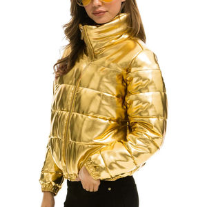 Veste matelassée imperméable coupe-vent à fermeture éclair intégrale avec bas élastique personnalisé, effet métallique brillant doré, style automne, pour femmes - Product Image 2