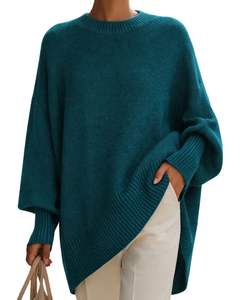 Customized Teal Green <b>Womens</b> <b>Oversized</b> Poncho Sweater Ribbed Crew Neck Batwing Sleeve Soft Knit Winter Pullover Fashion Top - Product Image 1