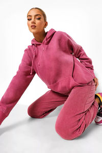 Chándal Vintage lavado ácido para mujer, de peso pesado de manga larga Sudadera con capucha informal y pantalones de chándal, chándal lavado a la piedra para mujer - Product Image 4