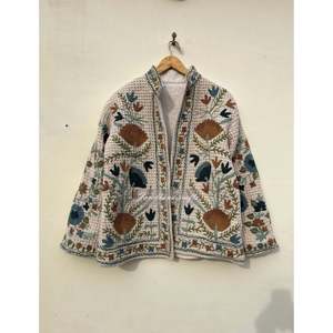 Handmade Reversible Suzani Embroidered <b>Jacket</b> Women's Autumn/Winter Outerwear Cotton Filling Varsity Style <b>Suede</b> Kantha Quilt - Product Image 1