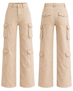 Customized <b>Beige</b> Wide Leg Cargo <b>Jeans</b> <b>Women</b> High Waist Denim Pants With Multi Pockets Casual Streetwear Manufacturer Supply OEM - Product Image 1