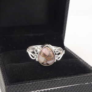 Belle bague en opale rose et cuivre, argent sterling 925, pierre précieuse de forme poire de 10x14 mm, bijoux faits à la main, pour femme, anniversaire - Product Image 1