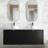 Meuble de salle de bain noir en bois massif, lavabo moderne, double vasque, miroir LED