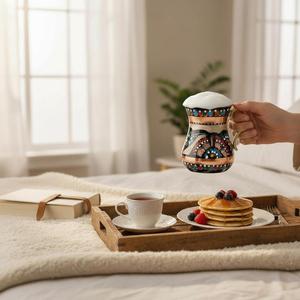 <b>Copper</b> Enamel Work Modern Design Jug and Cup Gbekli Tepe Inspired Metal Drinkware with <b>Handle</b> for Gifts and Restaurant Use - Product Image 3