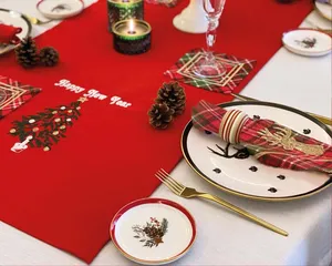Christmas <strong>Tartan</strong> Plaid <strong>Napkins</strong> with Deer Happy New Year Tree Factory Custom Cotton Embroidered Red Placemats <strong>Napkins</strong> and Runner - Product Image 4