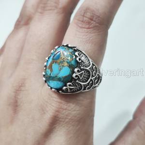 แหวนผู้ชายมาใหม่ แหวนเงินแท้ 925 ประดับพลอยเทอร์ควอยซ์สีน้ำเงินธรรมชาติ ของขวัญวันเกิด ของขวัญคริสต์มาส สไตล์ออตโตมัน - Product Image 1