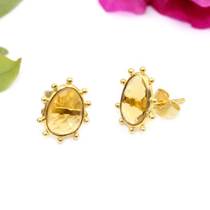 Design classique forme d'oeuf 7x9 MM Citrine Hydro Quartz 24K plaqué or goujon lunette réglage boucles d'oreilles pour les femmes bijoux en gros - Product Image 2