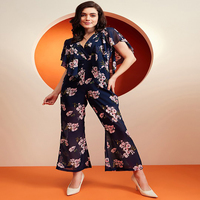 Combinaison à taille haute à imprimé floral avec boutons, col en V, manches longues, tissu éponge tissé 100% coton, occasions formelles, travail quotidien