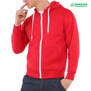 Good quality Men <b>Red</b> Hooded Zip-Up Sweatshirt Regular Fit Solid Color Casual Knitted <b>Hoodie</b> Autumn Wear Blank Plain - Product Image 4