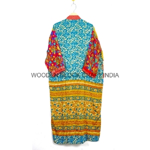 Robe de chambre kimono en satin de soie pure de haute qualité pour femmes, col en V, manches longues, imprimé patchwork, vêtements de nuit d'été avec fermeture à cordon - Product Image 5