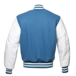 Chaqueta bomber universitaria personalizada, cuerpo azul cielo, mangas blancas con puños a rayas, estilo clásico con bordado personalizado al por mayor - Product Image 2