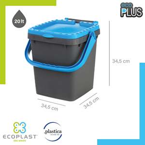 Seau de rangement en plastique Ecoplast pour le recyclage, 20 litres, couleurs assorties jaune/vert/bleu avec couvercles, 345x345x34.5, fabriqué en Italie - Product Image 5