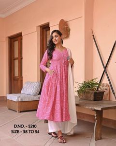 ชุดสำหรับงานแต่งงานที่สวยงามชุดใส่สำหรับเทศกาลแต่งงานสีชมพูร้อนแรงผ้า reyon bandhej พิมพ์ลายสุด Flair kurti แบบยาว - Product Image 4