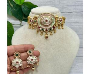 ชุดสร้อยคอพร้อมต่างหูทองเหลืองชุบทองประดับมอยส์ซาไนต์คุณภาพพรีเมียม ดีไซน์แบบคุนดัน โพลกี ราชวาดี เหมาะสำหรับเป็นของขวัญแบบดั้งเดิมสำหรับผู้หญิง - Product Image 3