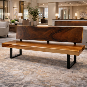 Banco de Madera Maciza de Suar / Monkey Pod con Respaldo y Patas de Metal, Hecho a Mano, Muebles Modernos de Estilo Industrial para Sala de Estar, Mejor Precio - Product Image 2