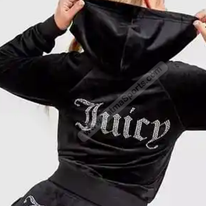 Traje de terciopelo personalizado para mujer, informal, con patrón sólido, de secado rápido, transpirable, 100% algodón, diamantes de imitación, de 2 piezas conjunto largo, chándales - Product Image 6