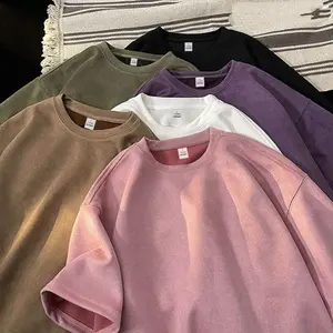 Camiseta con aspecto de gamuza de verano 2025 para hombre, estilo Retro, ajuste holgado, Media manga, Color sólido, Top informal de moda Unisex - Product Image 5