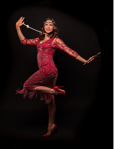 เดรสผ้าตาข่ายโพลีความยาวชาสไตล์วินเทจเดรสคอวีปักเลื่อมลายลูกปัดชุดค็อกเทลคริสตัล - Product Image 6