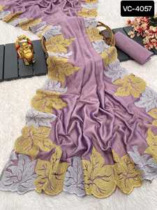 Vêtements ethniques indiens Blooming Vichitra Silk avec broderie Zari en or et argent avec travail de coupe incroyable Border Party Wear Sari - Product Image 4