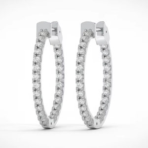 Boucles d'oreilles créoles pour femmes en or 14 carats et diamants naturels de forme ovale, 4,00 carats de diamants à l'intérieur et à l'extérieur - Product Image 1