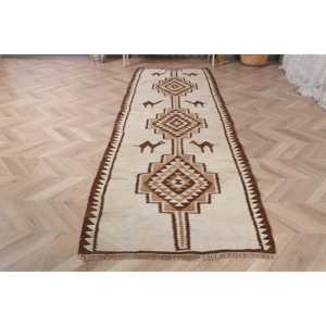 Vintage Kilim Runner Rug 2.5x8.4 ft (76x257 cm), Turkish <b>Brown</b> Moroccan <b>Wool</b> Rug - Product Image 2