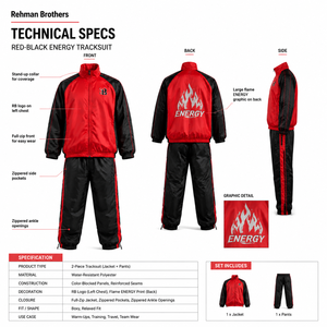 Ensemble de survêtement coupe-vent pour homme, rouge et noir, col montant, fermeture éclair intégrale, style sportif, en nylon/polyester, vêtements d'extérieur coupe-vent - Product Image 5