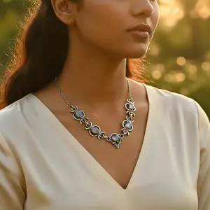 Women's Trendy 925 <b>Silver</b> Moonstone <b>Necklace</b> with 14K Gold <b>Rose</b> Gold Diamond Geometric Gemstone Jewelry Rhodium Plated - Product Image 2