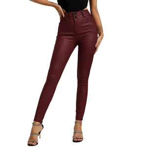 2024 nouveau Style dames pantalon en cuir respirant maigre longue PU cuir taille haute taille moyenne bouton décoration dames hiver - Product Image 6