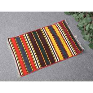 พรมขนาด 1.3x2 ฟุต, พรมตุรกีโบราณ, พรมขนสัตว์คิลิมสีแดง - Product Image 2