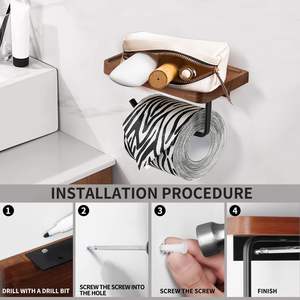 Porte-papier hygiénique avec étagère et rangement, porte-rouleau de papier hygiénique en bois de noyer fixé au mur, porte-rouleau de papier hygiénique noir - Product Image 5