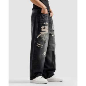 กางเกงยีนส์เอวสูงทรงแบ็กกี้ สโตนวอชเดนิม ขากว้าง สไตล์ฮิปฮอป สตรีทแวร์ ดีไซน์ลายปะติดแบบวาดมือ สำหรับฤดูหนาว - Product Image 6